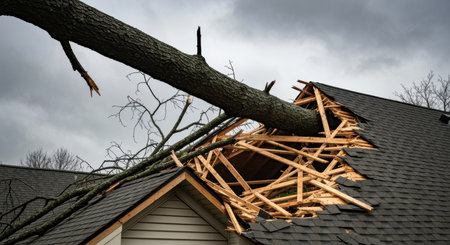 Fallen tree collapses through residential house roof causing severe structural damage during windy storm under cloudy sky.の素材