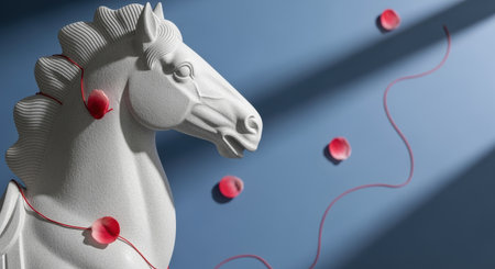 Modern minimalist white horse sculpture with red petals and string on blue background under dramatic sunlight and shadows.の素材