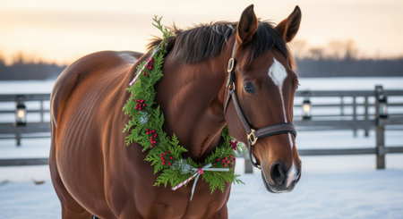 Bay horse adorned with festive evergreen wreath standing outdoors near wooden fence on snowy winter evening at sunset.の素材