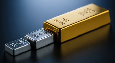 Shiny gold and silver bullion bars arranged on dark reflective surface symbolizing wealth, investment, and precious metals market trends.の素材