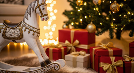 Elegant wooden rocking horse beside wrapped gifts and decorated christmas tree with glowing lights in cozy festive living room.の素材
