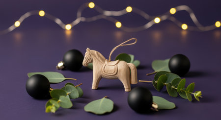 Wooden horse ornament surrounded by eucalyptus leaves and black baubles on purple background with festive string lights.の素材