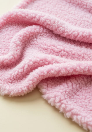 Soft pink fleece fabric with textured surface, cozy textile draped in gentle folds on light neutral background.の素材
