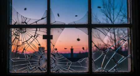 Broken glass window with cracked shards framing a colorful sunset sky and distant silhouettes of trees at dusk.の素材