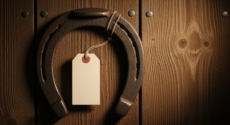 Rustic horseshoe with blank tag hanging on wooden wall, symbolizing luck, vintage decor, and western farmhouse charm.の素材