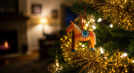 Handcrafted wooden horse ornament hanging on a christmas tree with golden tinsel and festive warm lights in a cozy living room.の素材