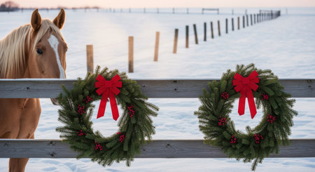 Palomino horse standing beside rustic wooden fence decorated with festive evergreen wreaths and red bows in snowy winter landscape.の素材