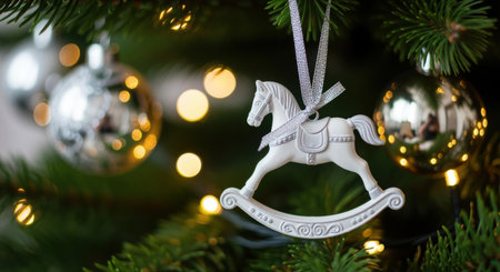 White rocking horse ornament hanging on a decorated christmas tree with silver baubles and glowing festive holiday lights.の素材