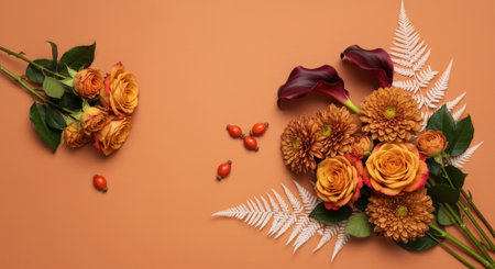 Elegant autumn floral arrangement with orange roses, chrysanthemums, calla lilies, and white ferns on a warm brown background.の素材