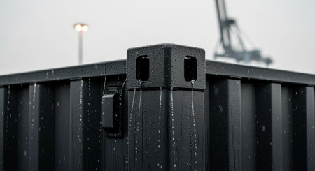 Industrial black metal cargo container in rainy weather at shipping yard with water droplets on surface and blurred crane background.の素材