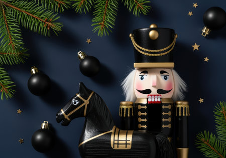 traditional wooden nutcracker soldier with black horse, festive ornaments, fir branches, and holiday decor on dark background.の素材