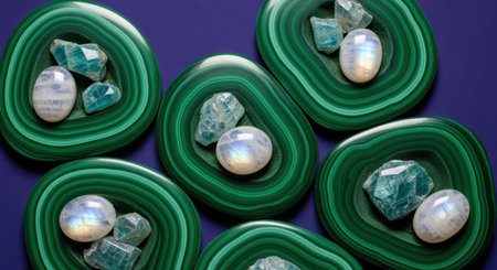 Shimmering moonstone and aquamarine gems displayed on polished malachite slices against a deep blue background.の素材