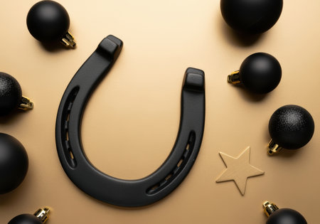 Black horseshoe with matte black ornaments and golden star on beige background representing festive luck and modern holiday decor.の素材