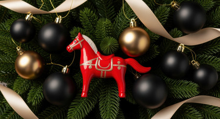 Red decorative horse among black and gold christmas ornaments on lush evergreen branches with elegant cream colored ribbons.の素材