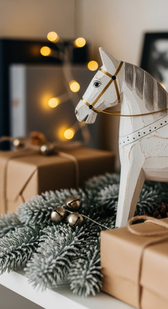 Festive wooden horse figurine with frosted evergreen branches and wrapped gifts in cozy holiday home interior.の素材