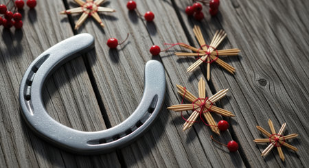 Metal horseshoe and woven straw stars with red berries on rustic wooden surface celebrating festive holiday tradition.の素材