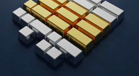 Shiny gold and silver bullion bars arranged in geometric order against a dark minimalist background, symbolizing wealth and investment.の素材