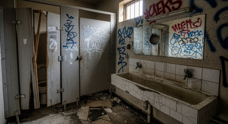 Abandoned public restroom with broken stalls, graffiti covered walls, shattered mirrors, and decaying sinks in urban decay.の素材