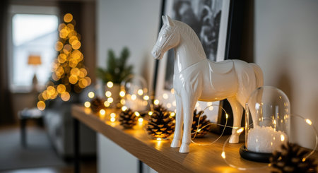Elegant white horse figurine centerpiece with pine cones, fairy lights, and festive decor on modern wooden shelf during holiday season.の素材