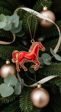 Red horse ornament hanging on christmas tree branch surrounded by gold baubles, eucalyptus leaves, and festive ribbon.の素材