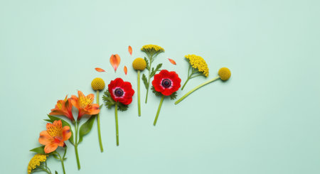 Vibrant assorted spring flowers arranged on pastel green background forming a rainbow arc with scattered petals and leaves.の素材