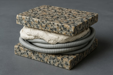 Creative fast food concept featuring granite slabs, modeling clay, and electrical conduit in an imaginative sandwich arrangement.の素材