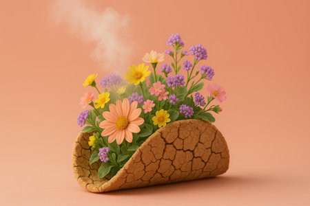 Creative fast food taco filled with colorful flowers and non food items on pastel background, unique unconventional ingredients.の素材