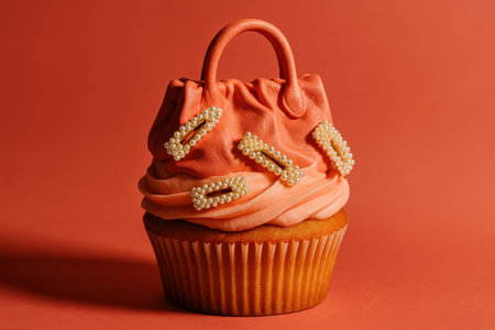 Ornate cupcake styled as a fashionable handbag with decorative accents and textured details on a monochromatic coral background.の素材