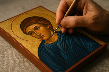 Artist hand painting traditional orthodox icon with gold background depicting religious figure, symbolizing faith and spirituality.の素材