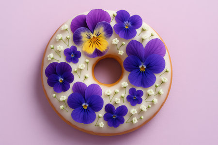 Creative fast food donut decorated with colorful edible flowers and non food decorative elements on pastel background.の素材