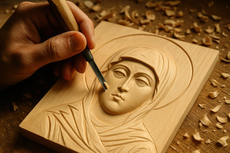 Artisan hand carving a detailed orthodox religious icon of the virgin mary in wood with sculpting tools and wood shavings.の素材
