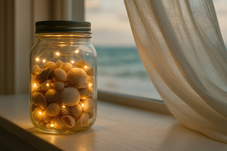 Seashells and warm fairy lights in glass jar on windowsill, cozy home decor with ocean view at sunset.の素材