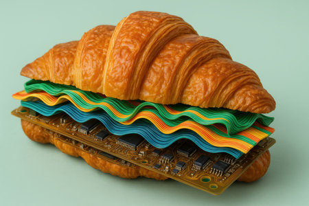Creative fast food concept with croissant filled with colorful paper layers and circuit board on pastel background.の素材
