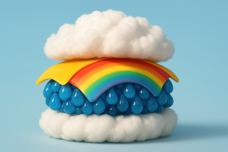 Whimsical cloud sandwich with blue raindrops, vibrant rainbow, and fluffy texture against pastel blue background, imaginative concept.の素材