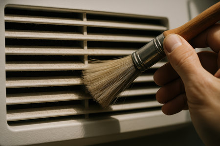 Hand cleaning dusty air vent with soft brush for improved ventilation and indoor air quality maintenance, closeup view.の素材