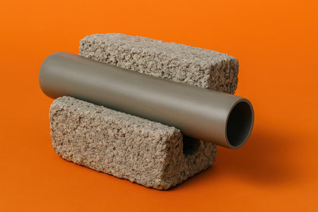 Creative fast food concept with non edible construction materials resembling a sandwich against an orange background.の素材
