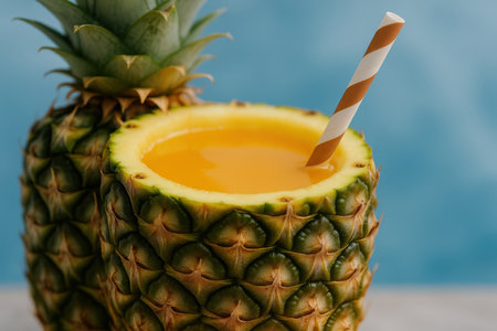 Creative fast food concept with a pineapple drink featuring an unusual straw, mixing nontraditional elements in playful presentation.の素材