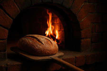 Freshly baked rustic bread loaf removed from traditional wood fired brick oven with burning flames in background.の素材