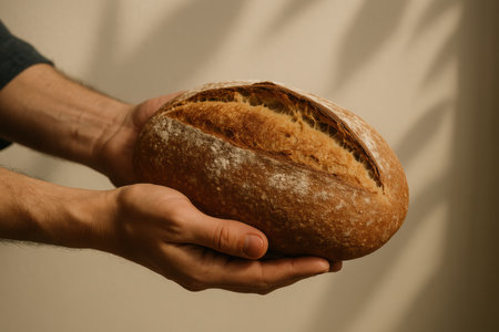 Fresh artisan sourdough bread held in hands, showcasing rustic golden crust and homemade bakery tradition.の素材