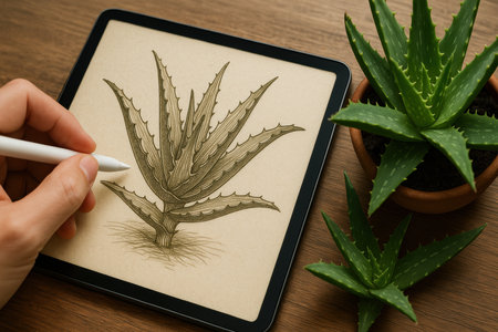 Digital artist sketching aloe vera plant on tablet, stylus drawing botanical alongside real succulents on wooden desk.の素材