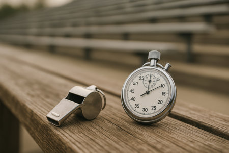 Classic silver stopwatch and metal whistle on wooden bench, symbolizing precision timing and coaching at athletic stadium.の素材