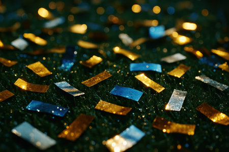 Metallic gold blue silver confetti scattered on green grass surface creating festive celebration atmosphere with sparkling light.の素材