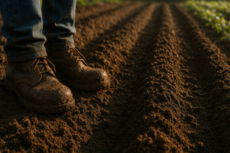Sturdy boots on fertile soil with deep plow furrows at sunrise, capturing agriculture and rural lifestyle in early morning light.の素材