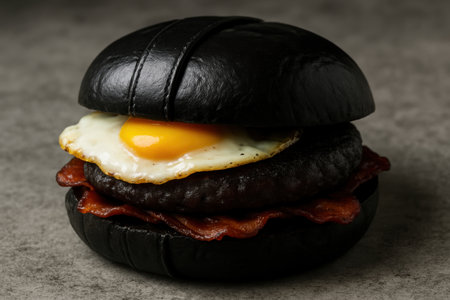 Gourmet burger with black charcoal bun, fried egg, and crispy bacon on dark background for trendy modern culinary presentation.の素材