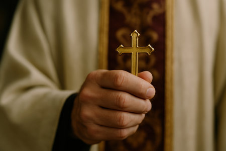Orthodox priest holding a golden christian cross during religious ceremony in traditional vestments with focus on symbolism.の素材