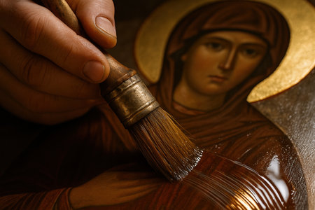 Restoration of orthodox religious icon with golden halo by artisan hand brushing surface in traditional sacred art practice.の素材
