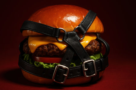 Juicy cheeseburger wrapped in black leather straps on dark background combining food fashion with bold, unexpected creativity.の素材