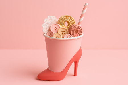 Creative fast food concept featuring non food items like buttons, beads, and a high heeled cup in a whimsical arrangement.の素材