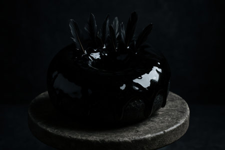 Gourmet black mirror glazed cake decorated with glossy finish and dark feathers on stone pedestal in dramatic lighting.の素材