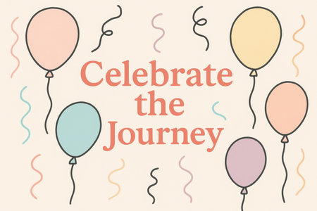 Festive balloons and confetti with motivational message celebrate the journey in soft pastel colors on cheerful background.の素材